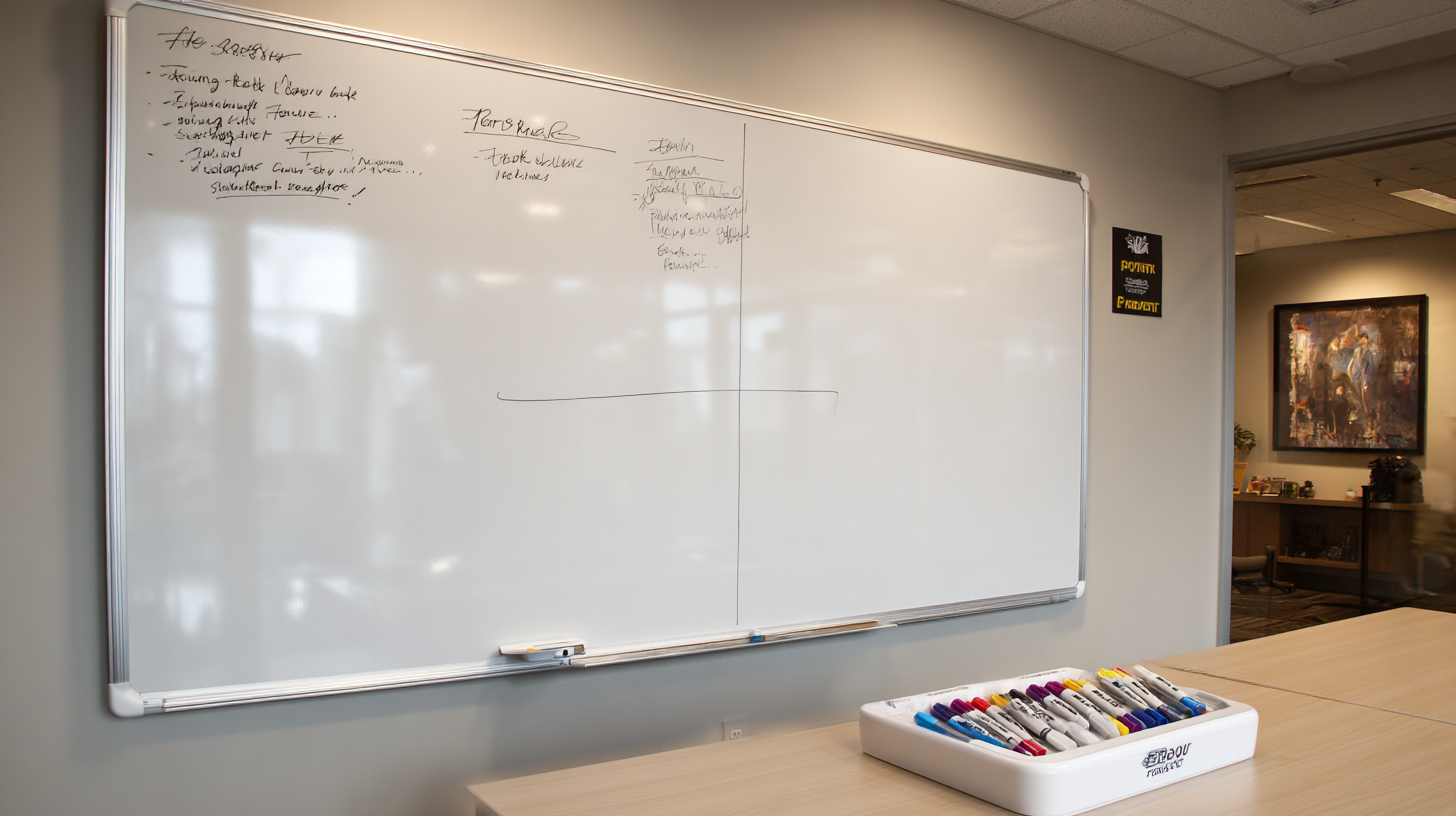 Large whiteboard in a conference room covered with partially erased handwritten notes and diagrams