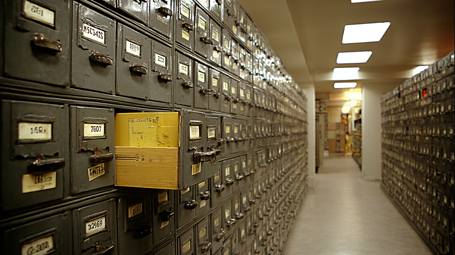 Long narrow corridor lined floor-to-ceiling with numbered metal filing cabinet drawers receding into the distance